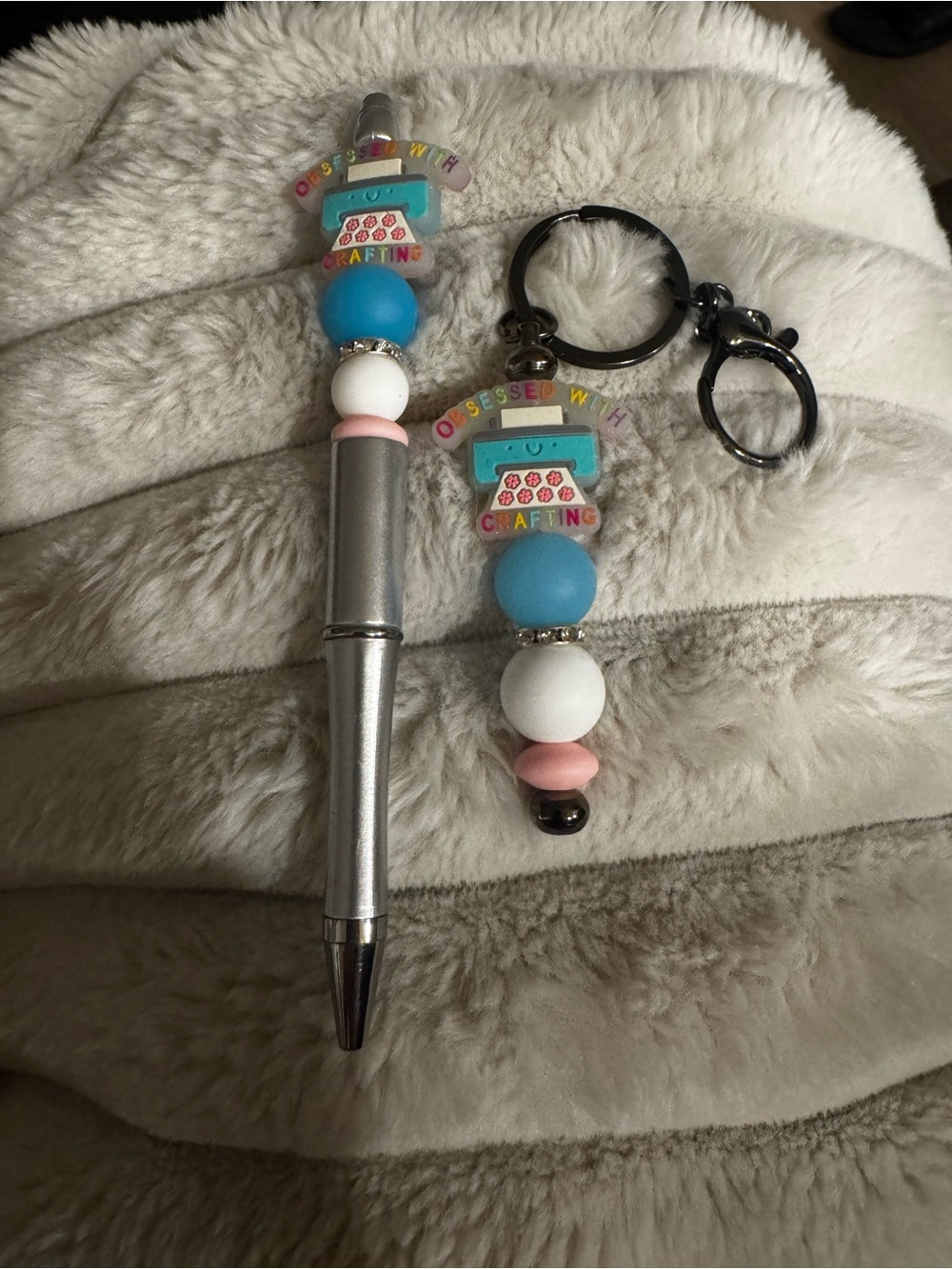 Silver Pen and Beaded Craft Keychain Set - Blue, White, Pink